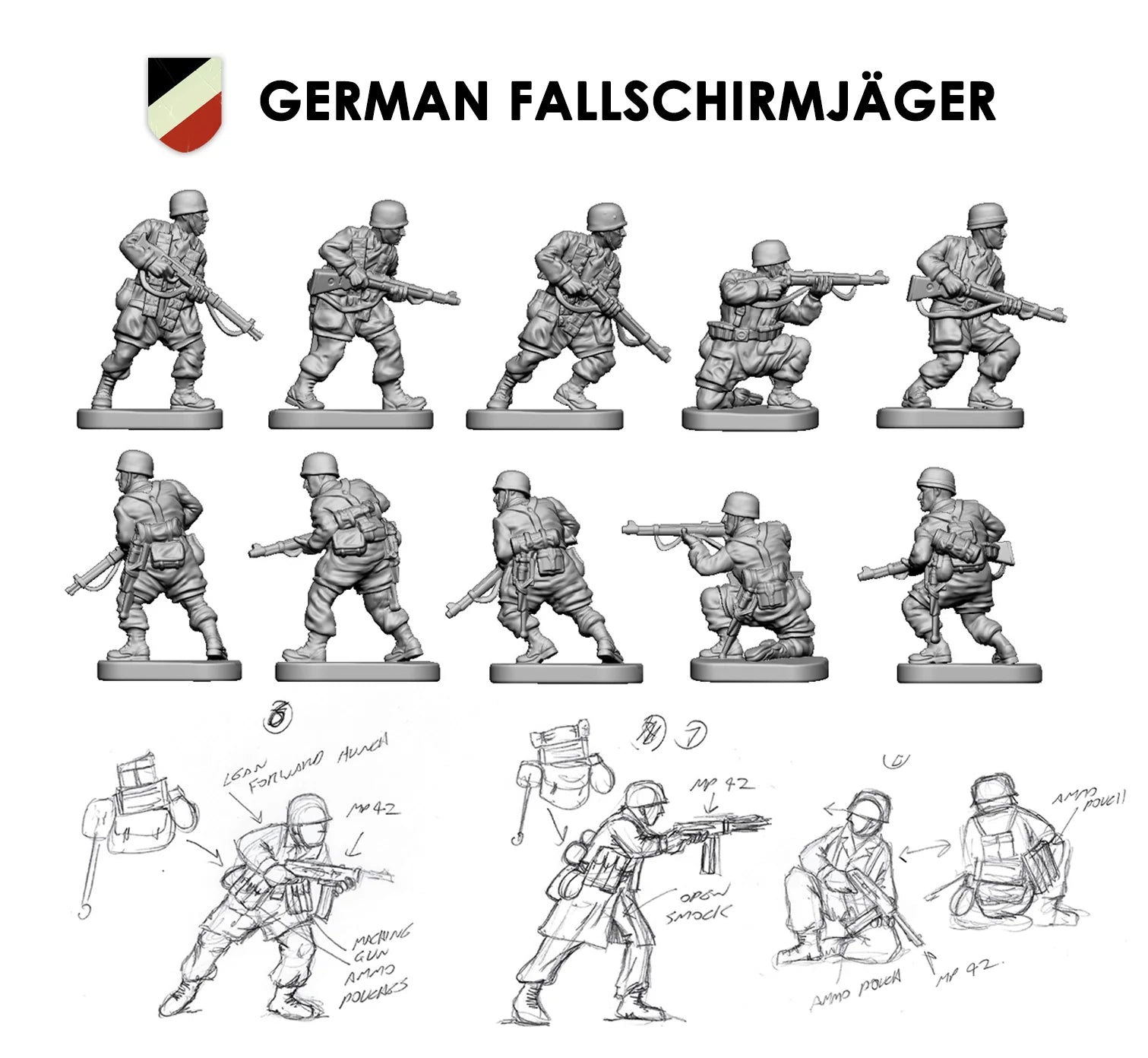 German Fallschirmjäger WWII,  1:144 (12 mm) Scale Model Plastic Figures Poses #3