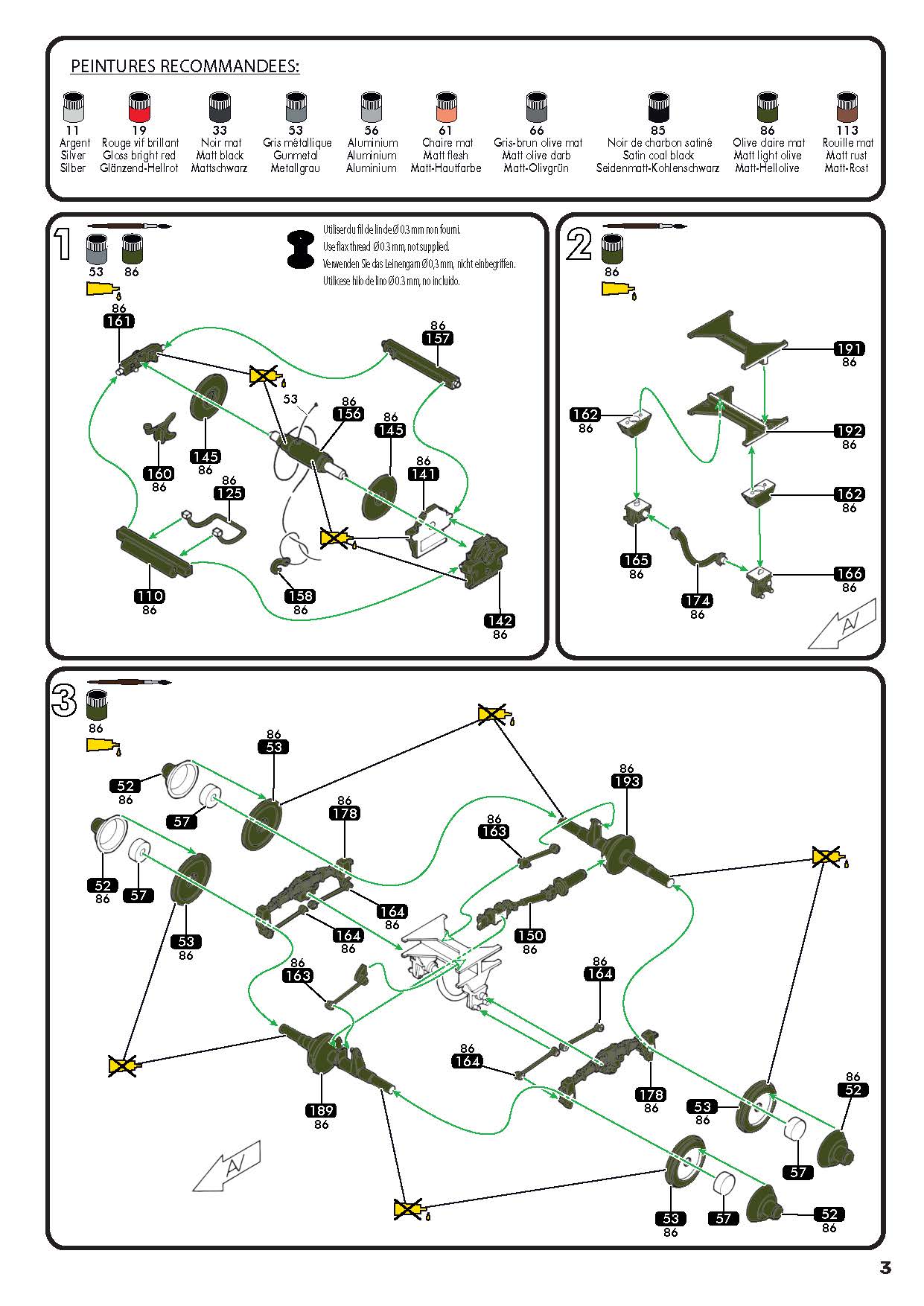Assembly guide page 3 showing engine block, suspension, and transfer case construction.