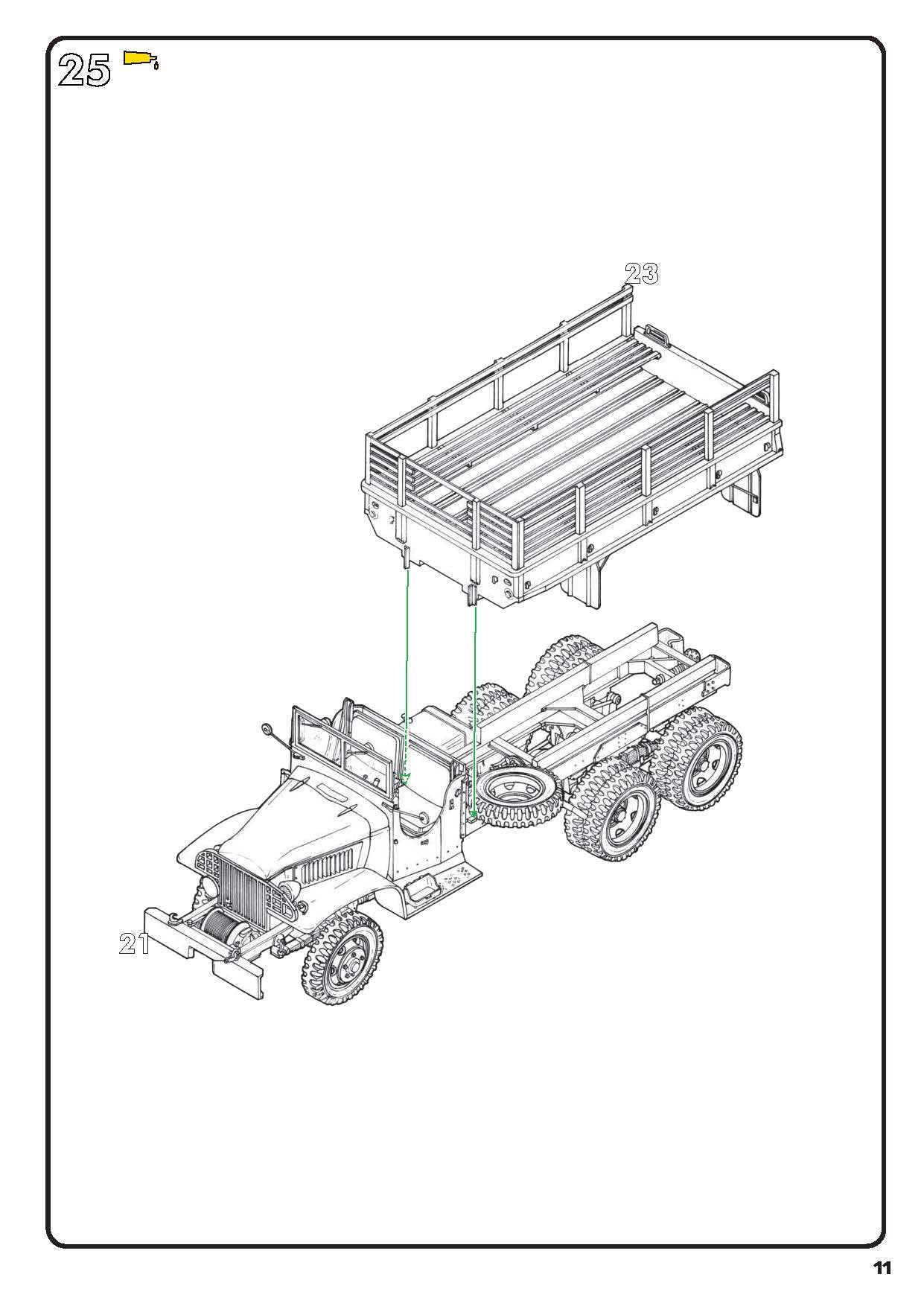 Assembly guide page 11 illustrating cargo bed mounting onto the assembled 6x6 truck chassis.