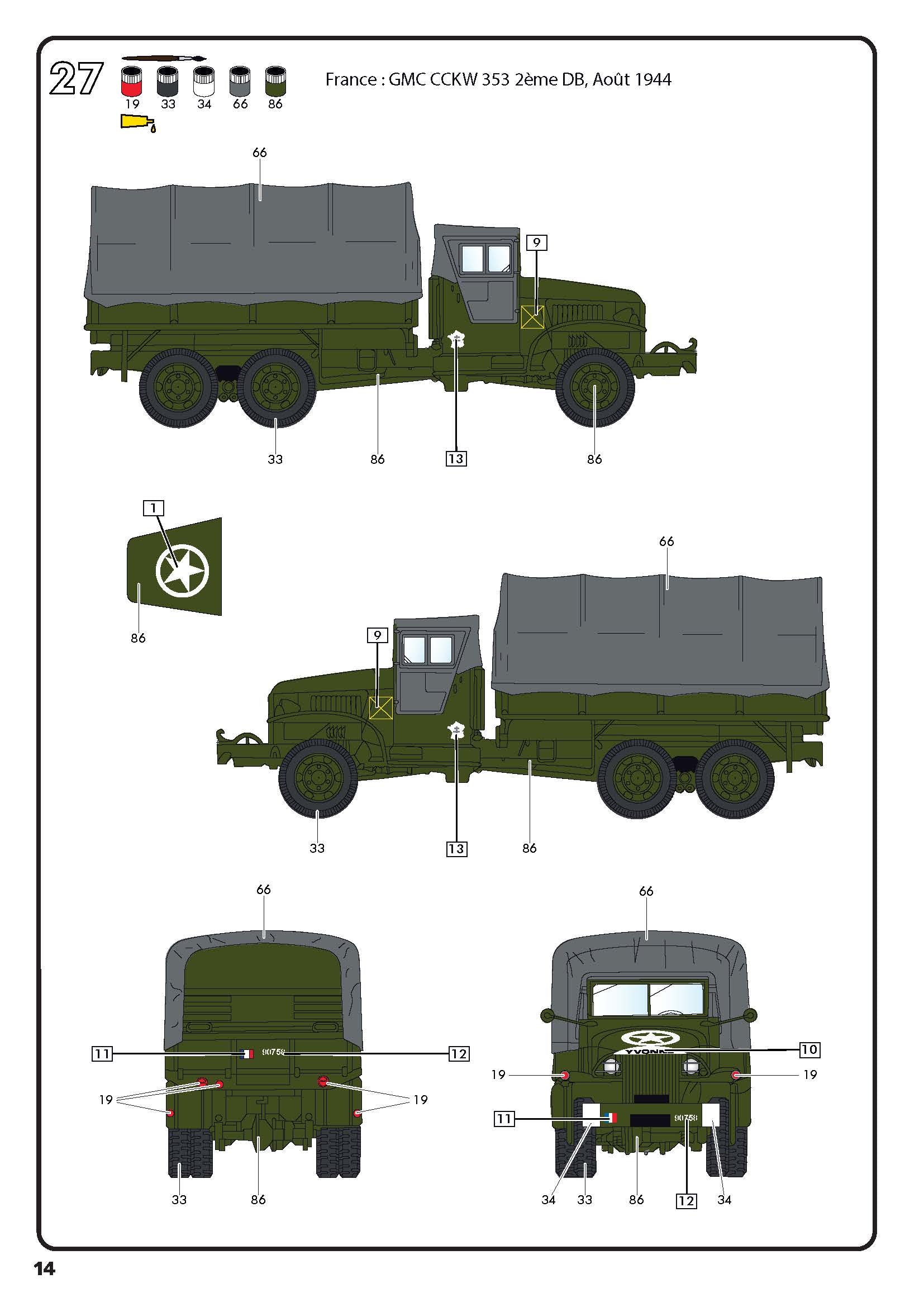 Painting diagram and marking placement for French 2ème DB GMC CCKW 353 August 1944.