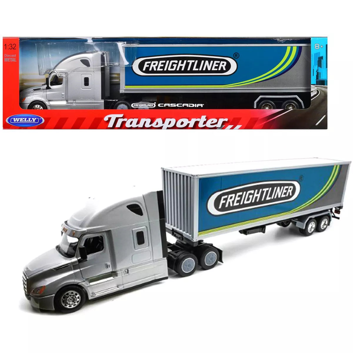 Freightliner Cascadia Sleeper Cab (Silver) with Container Van (Gray) 1:32 Scale Model Packaging