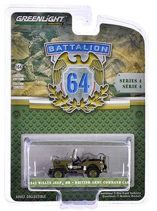 Greenlight Collectibles Battalion 64 Series 4 – 1942 Willys MB Jeep British Army Command Car 1/64 Scale Diecast Model Packaging