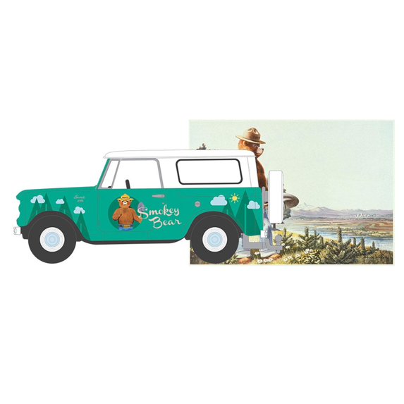 Side profile illustration of 1961 Harvester Scout with Smokey Bear wildfire prevention graphics