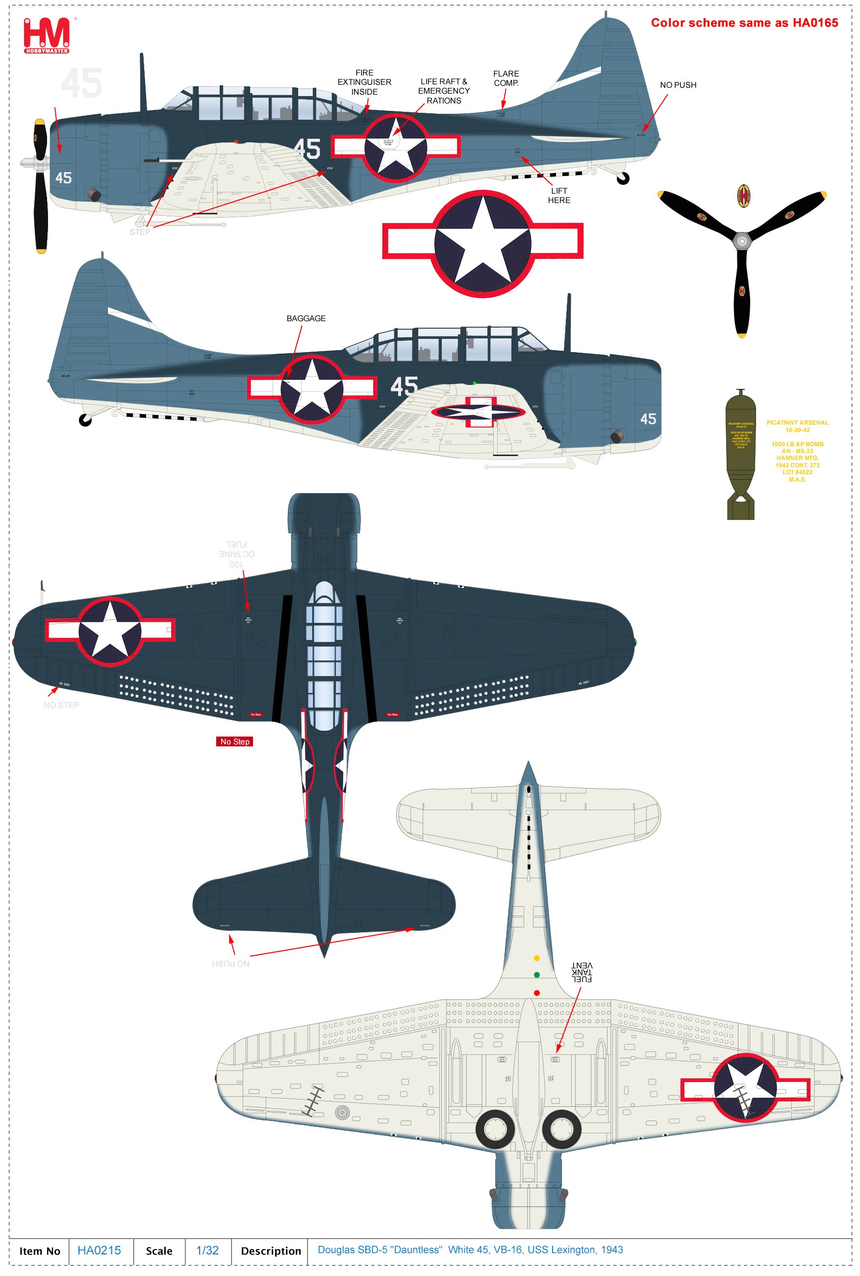 Douglas SBD-5 Dauntless, “White 45” VB-16 USS Lexington 1943, 1/32 Scale Diecast Model Color Scheme