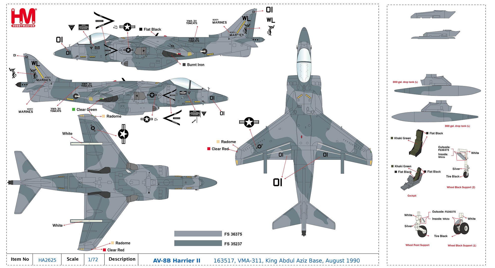 McDonnell Douglas AV-8B Harrier II VMA-311 1990, 1/72 Scale Diecast Model Markings