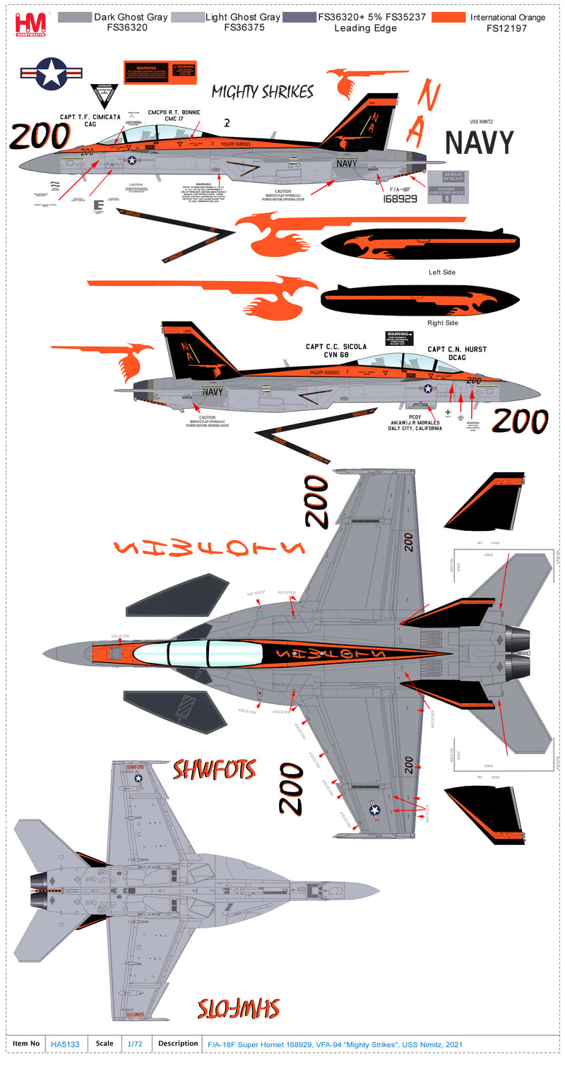 Boeing F/A-18F Super Hornet, VFA-94 “Mighty Strikes”, USS Nimitz (CVN-68)  2021, 1:72 Scale Diecast Model Markings