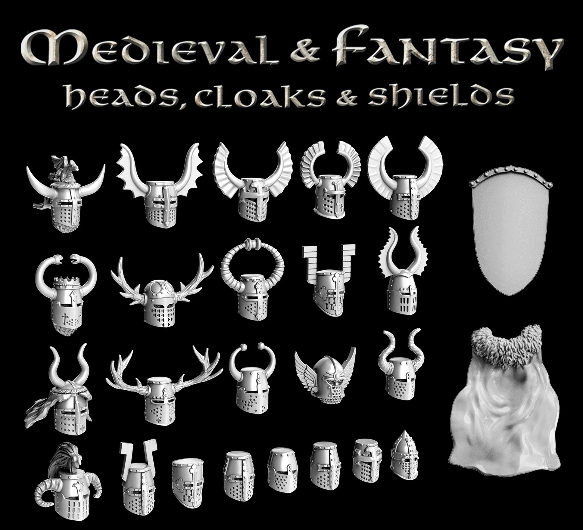 Medieval & Fantasy Heads, Cloaks & Shields, 28 mm Scale Plastic Examples