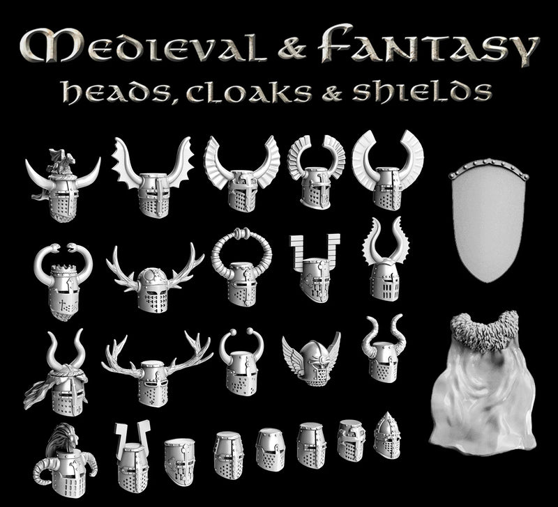 Medieval & Fantasy Heads, Cloaks & Shields, 28 mm Scale Plastic Examples