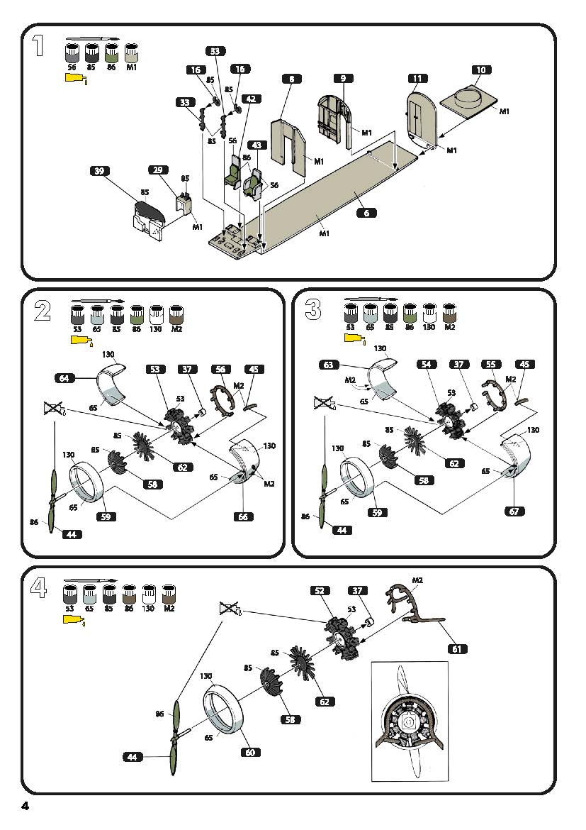 Assembly guide page 4 illustrating interior cabin floor, bulkheads, and three radial engine builds.