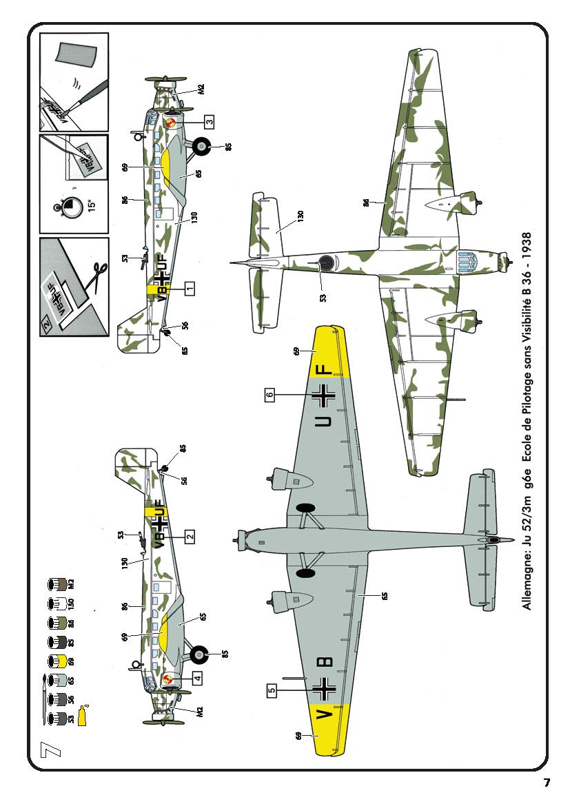 Assembly guide page 7 showing complete 4-view winter camouflage painting scheme and decal application guide.