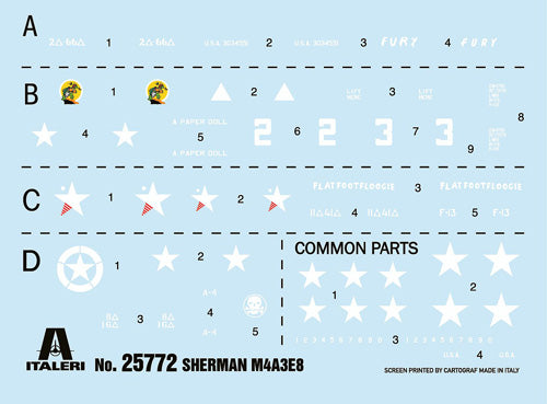 Waterslide Decal Sheet for Italeri M4A3E8 Sherman Fury Kit
