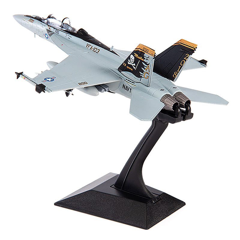 Boeing F/A-18F Super Hornet, VFA-103 Jolly Rogers, 75th Anniversary, 2018, 1:144 Scale Diecast Model Left Rear On Stand