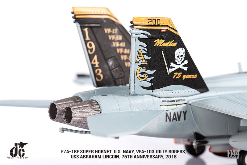 Boeing F/A-18F Super Hornet, VFA-103 Jolly Rogers, 75th Anniversary, 2018, 1:144 Scale Diecast Model Tail Close Up