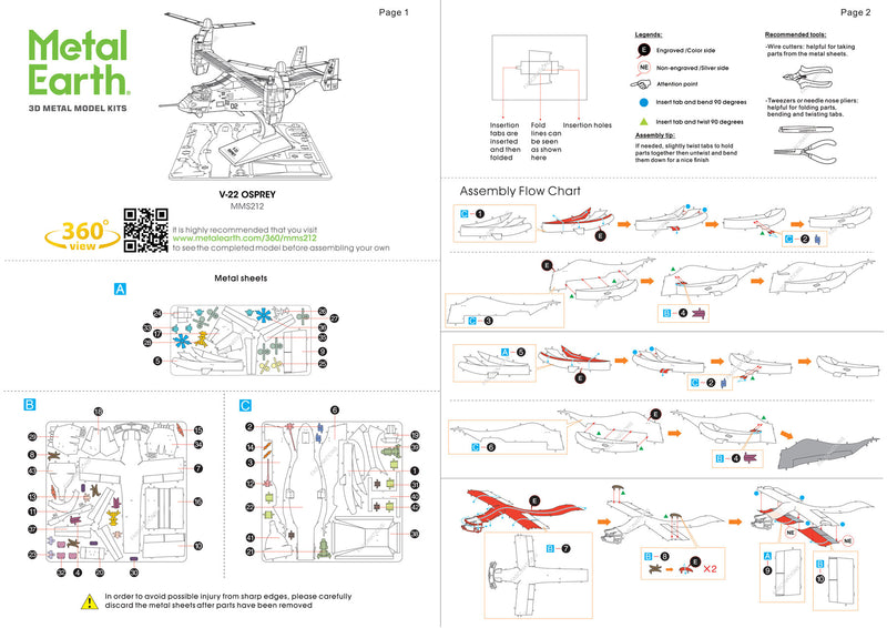 V-22 Osprey Metal Earth Model Kit Instructions Page 1