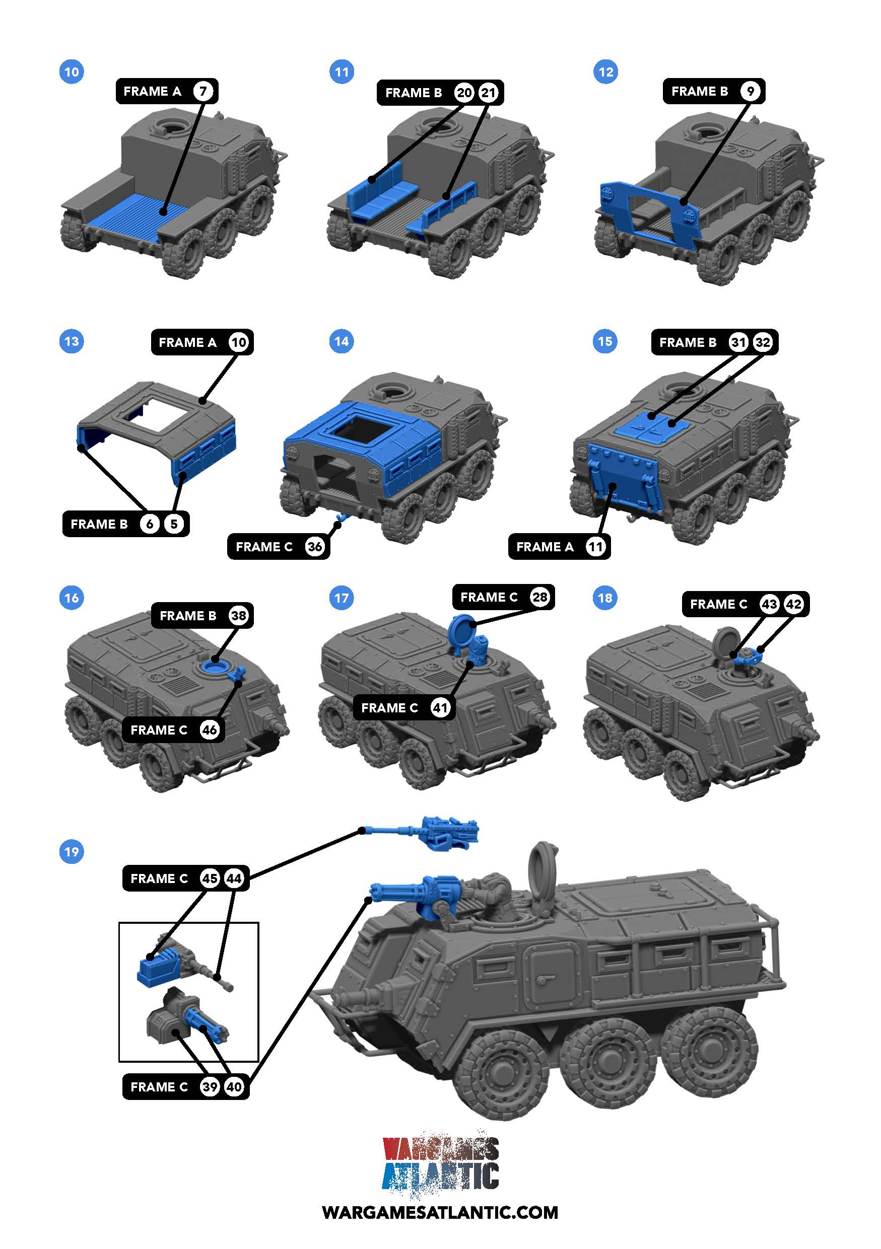 Assembly instruction page 2 showing enclosed roof armored cabin and turret weapon options
