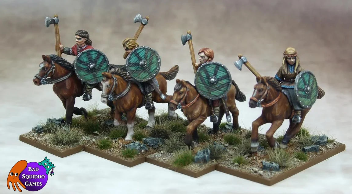 Mounted Shieldmaiden Warriors 28 mm Scale Model Metal Figures Painted Example