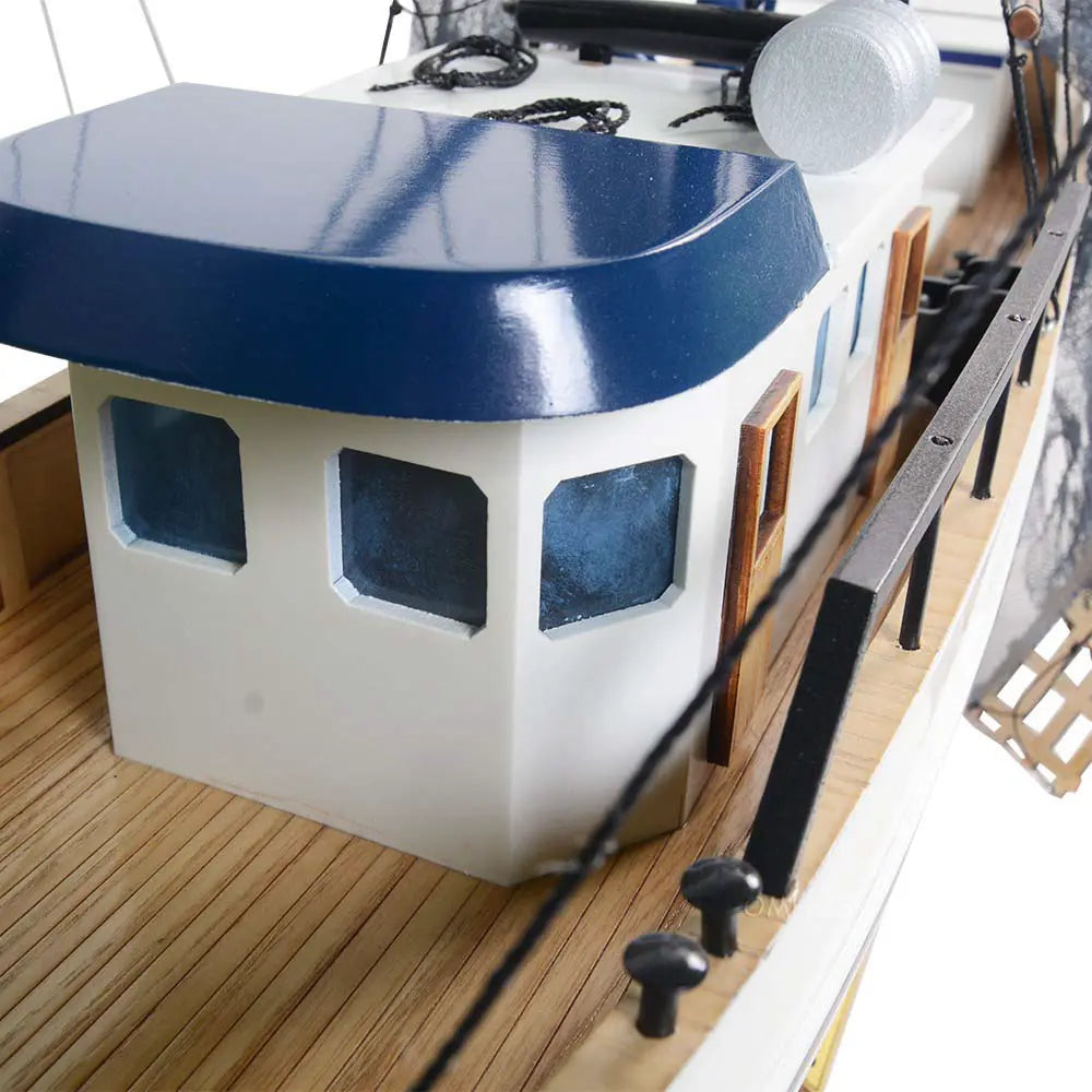 Old Modern Handicrafts Shrimp Boat wooden model cabin front view closeup
