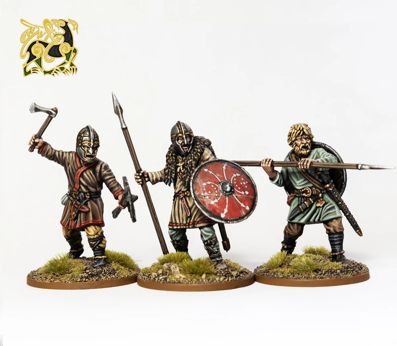 Early Saxon Unarmoured Warriors, 28 mm Scale Model Plastic Figures Close Up Axe and Spearman