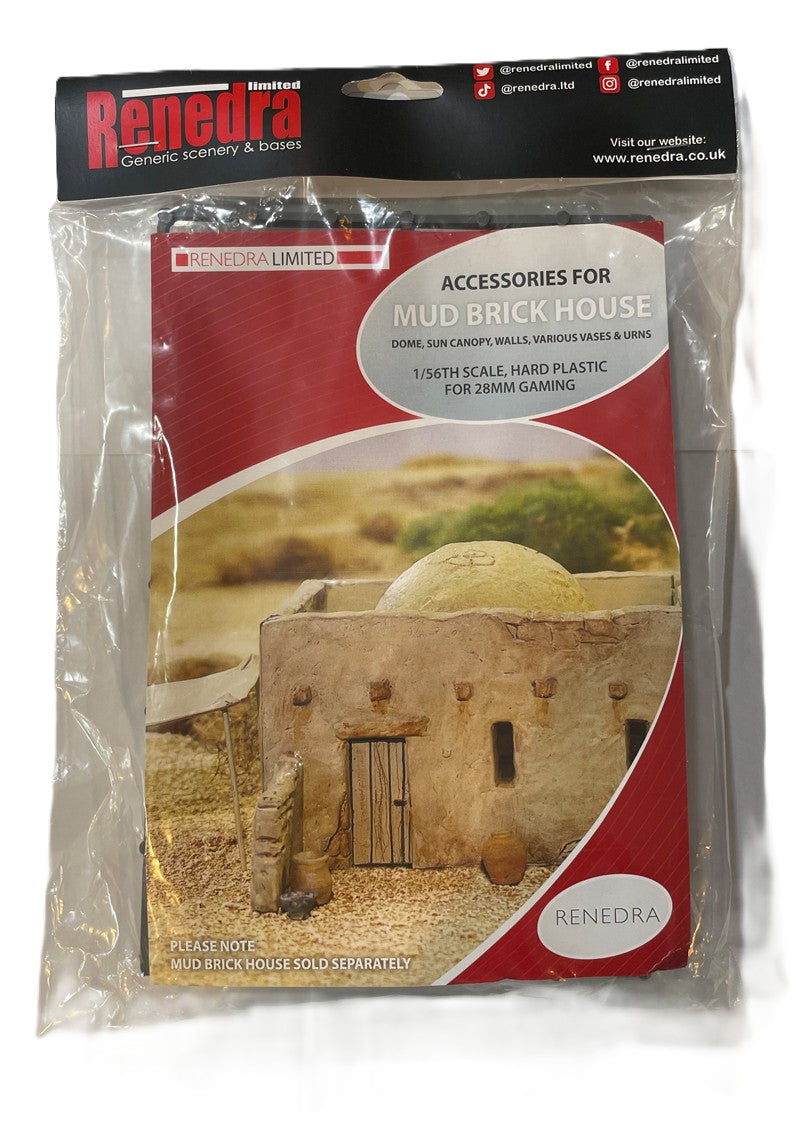 Renedra Mud Brick House accessory set retail packaging – 28mm scale