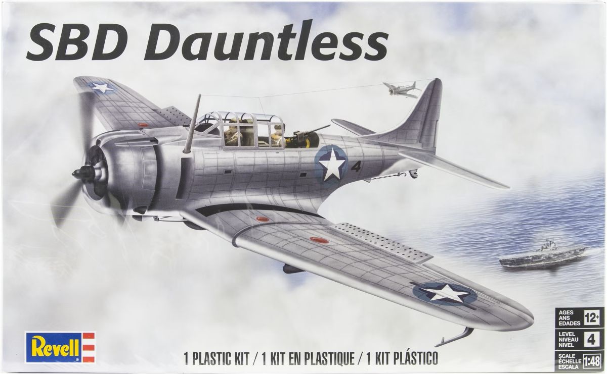 Revell 1/48 scale SBD Dauntless WWII dive bomber plastic model kit box packaging.