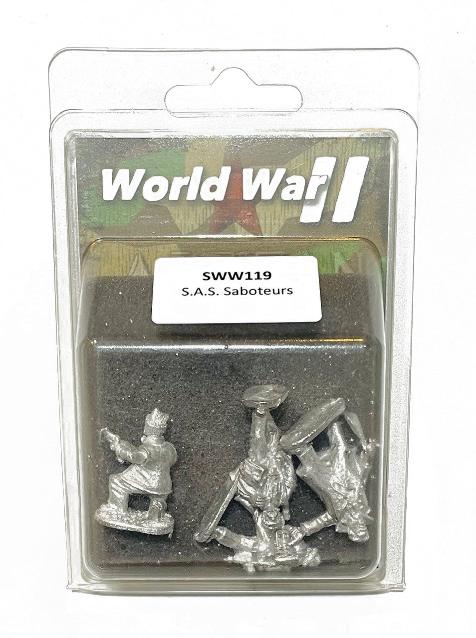 Second World War British SAS Saboteurs, 28 mm Scale Model Metallic Figures Blister Packaging