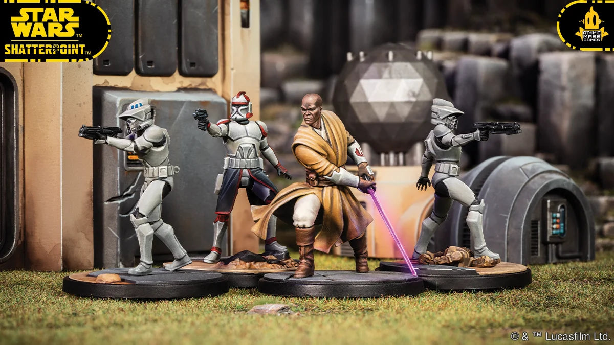 Jedi Master Mace Windu, Commander Ponds, and ARF Troopers for Shatterpoint tactical skirmish game scene