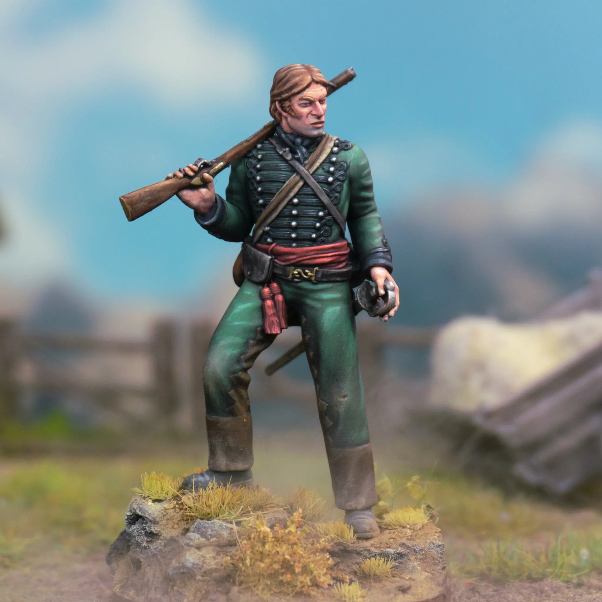 Wargames Atlantic 54mm scale Richard Sharpe display figure on scenic rocky base.