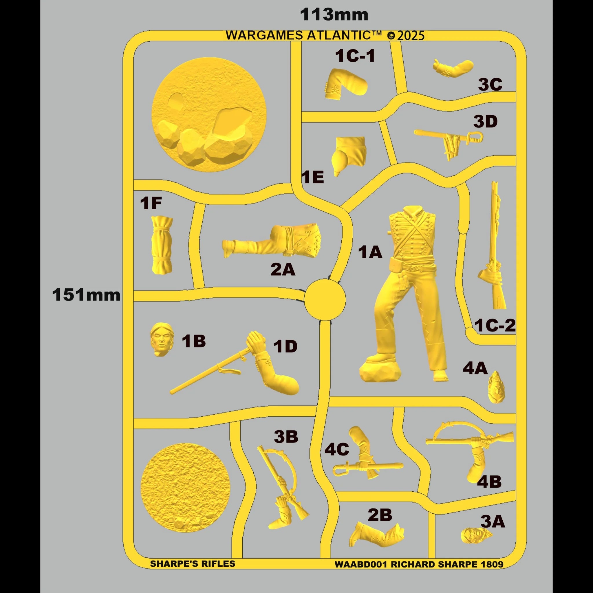 Wargames Atlantic Richard Sharpe plastic sprue layout showing head and arm options.