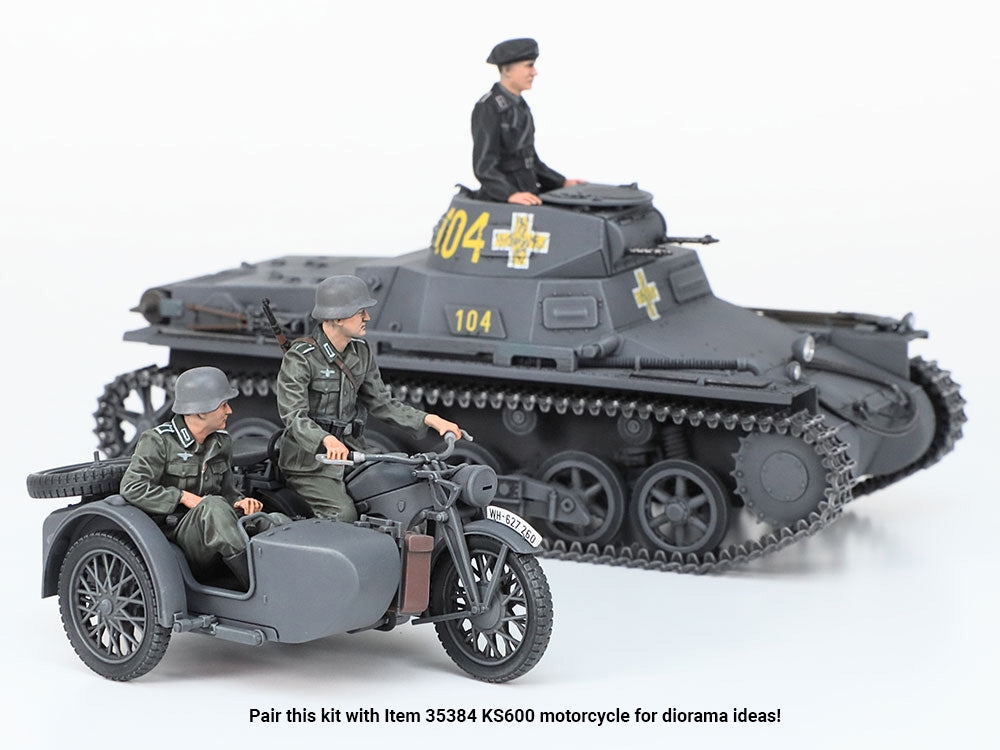 Assembled and painted Tamiya 1/35 Panzer I Ausf.B model and KS600 Motorcyle