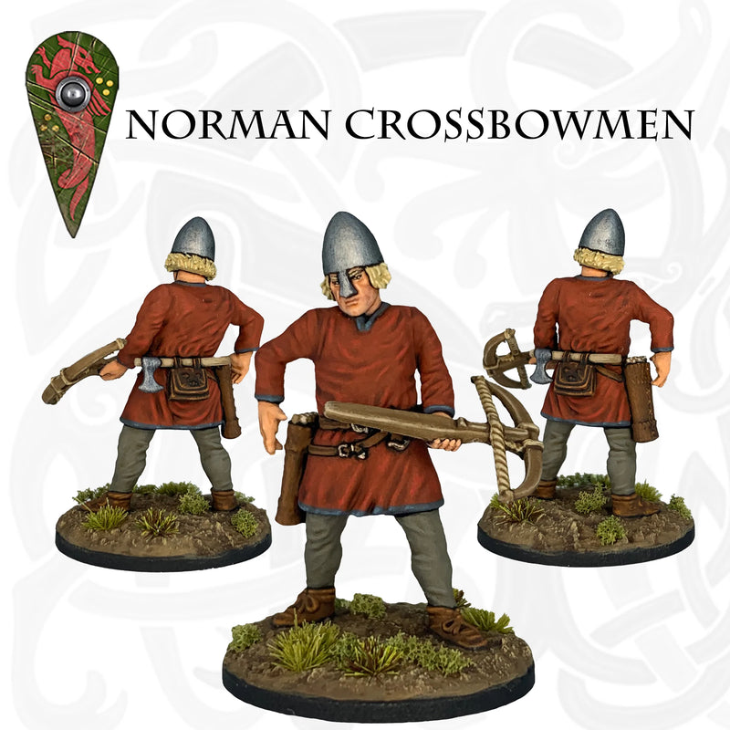 Norman Crossbowmen, 28 mm Scale Model Plastic Figures Unarmored Helmeted Reloading