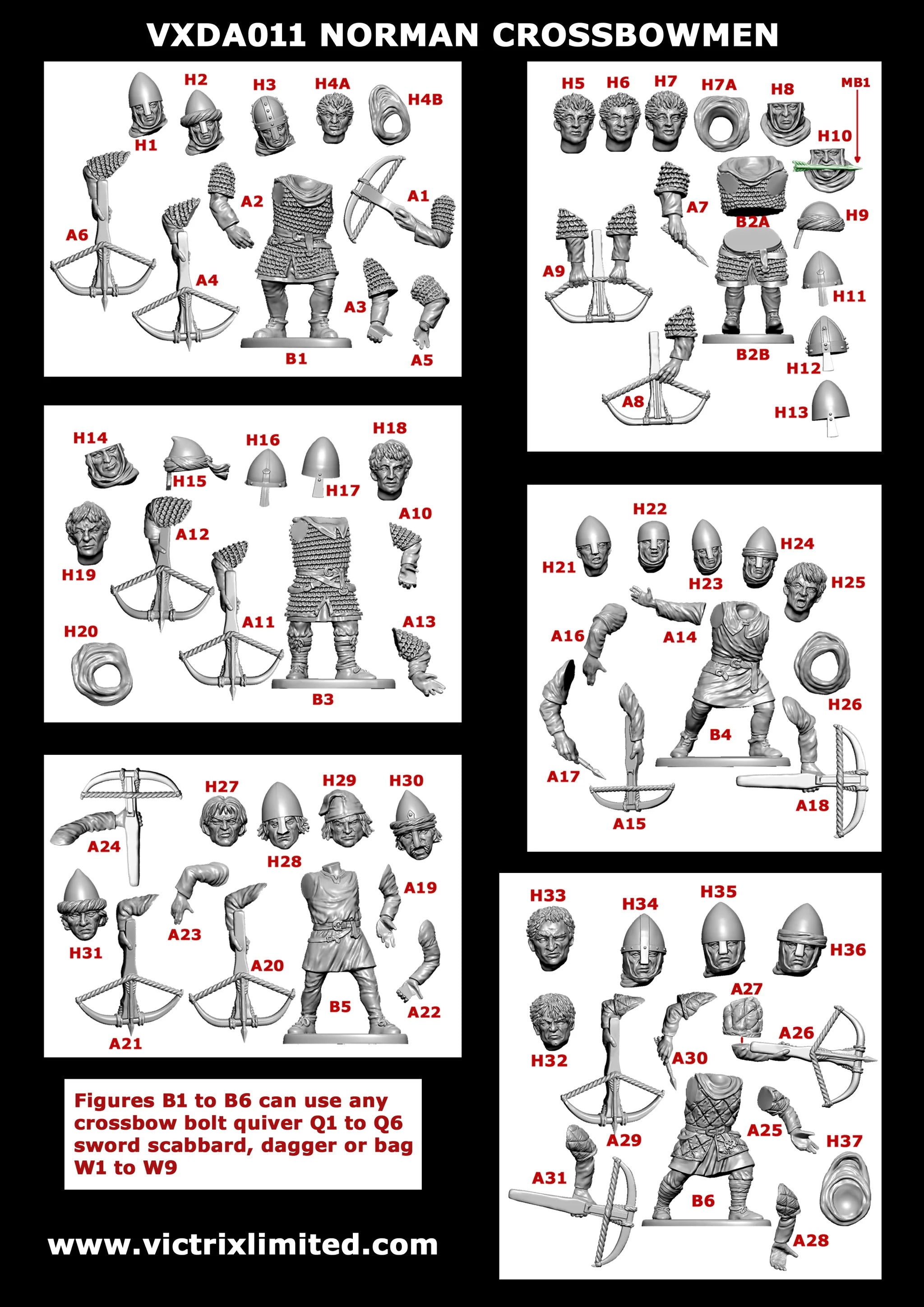 Norman Crossbowmen, 28 mm Scale Model Plastic Figures Part Numbers