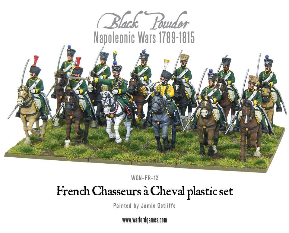 Black Powder Napoleonic Wars French Chasseurs à Cheval, 28 mm Scale Model Figures Painted Example