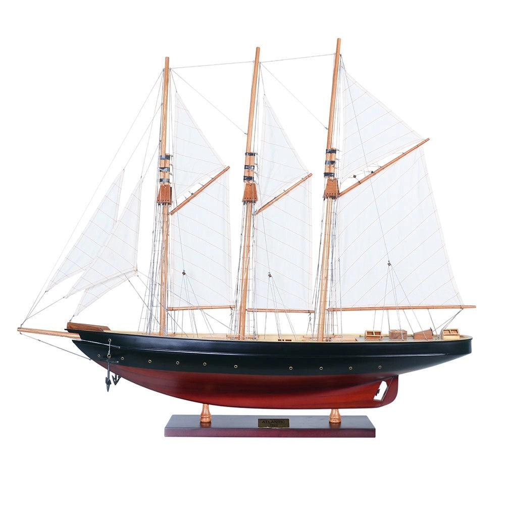 Captain Heritage Atlantic Painted Large Sailboat Schooner Yacht, displaying the complete side view with red and black painted hull and white sails.