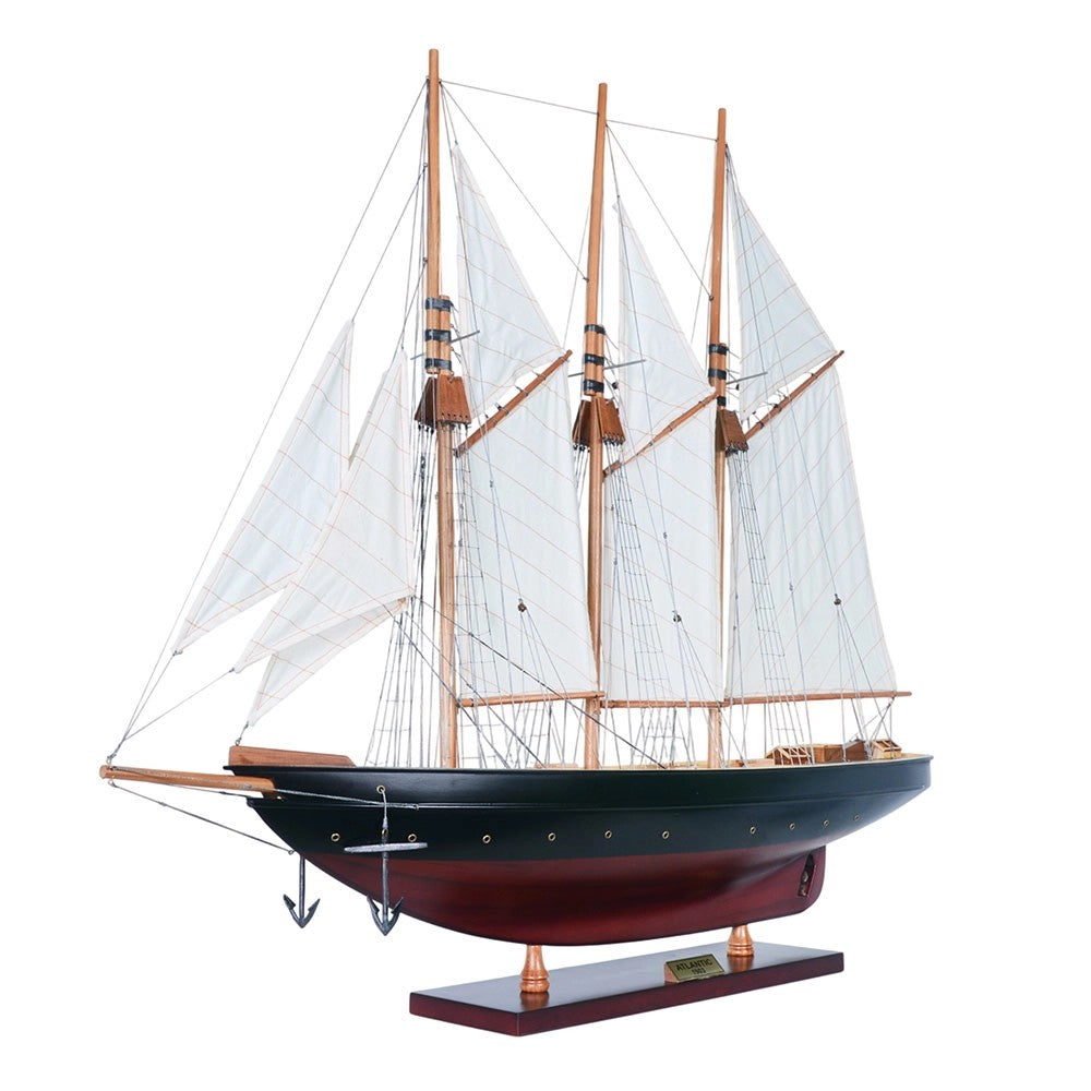 Captain Heritage Atlantic Painted Large Sailboat Schooner Yacht, featuring the forward bowsprit, metal anchor, and rigged masts.