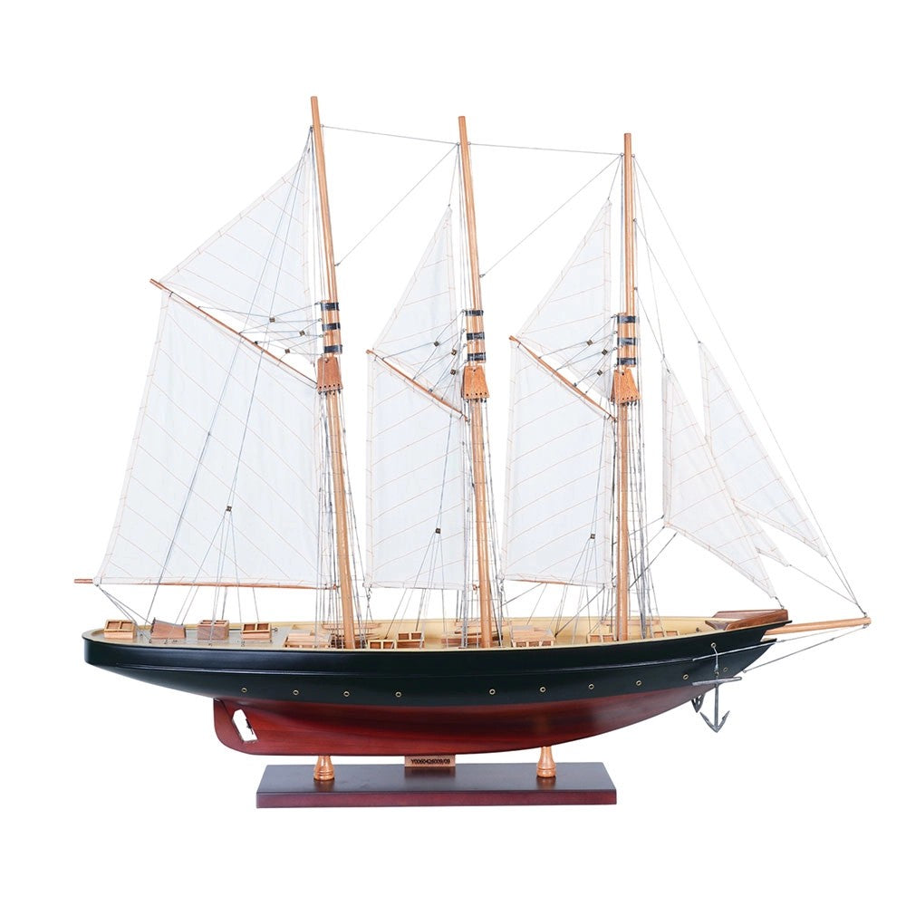 Captain Heritage Atlantic Painted Large Sailboat Schooner Yacht, showing the port side view of the hull mounted on its wooden display stand.