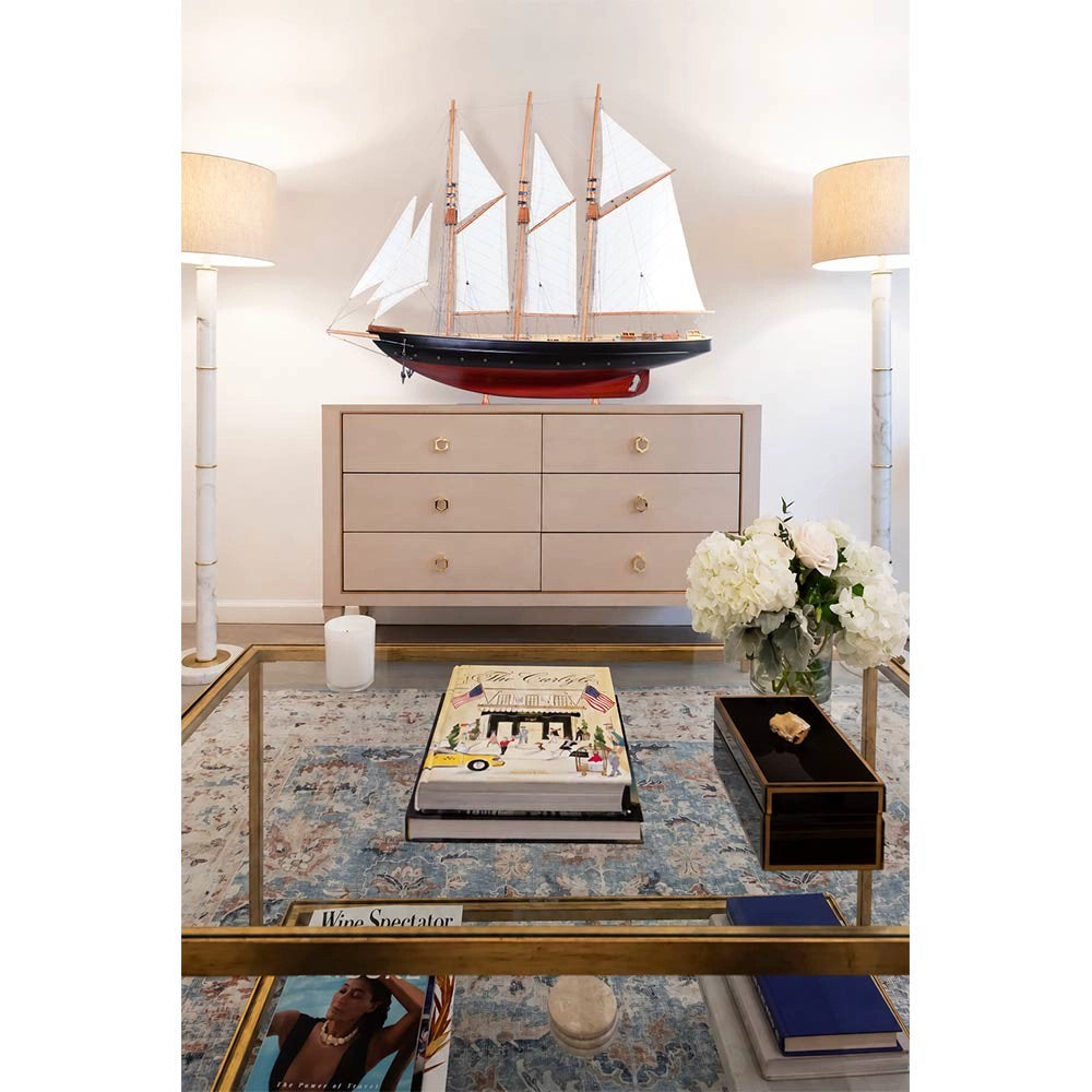 Captain Heritage Atlantic Painted Large Sailboat Schooner Yacht, styled as a luxury home decor centerpiece on a console table.