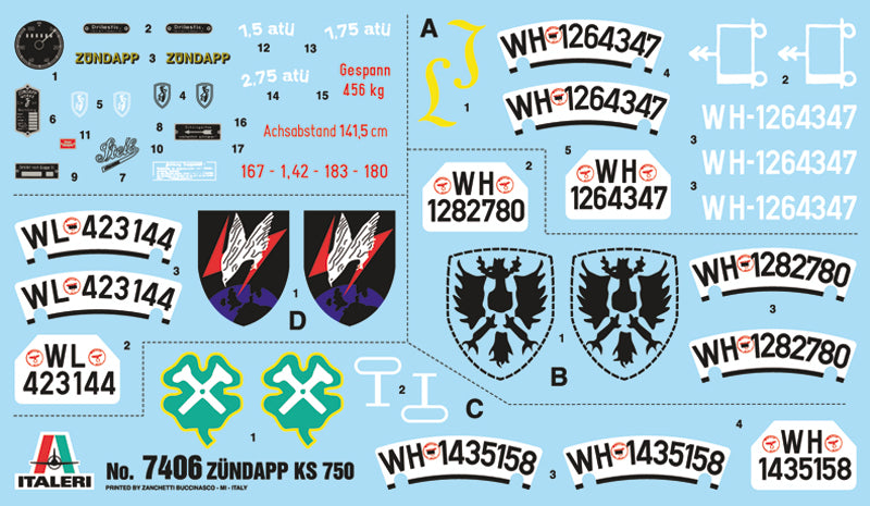 Zundapp KS 750 w/ Sidecar 1/9 Scale Plastic Model Kit Decal Sheet