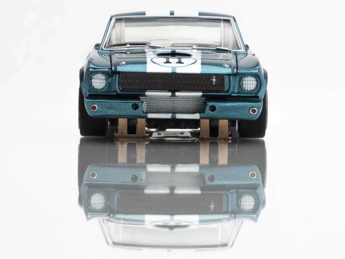 AFX Racing 1965 Shelby Mustang GT350R 1:64 scale slot car in Donohue blue with white stripes front View