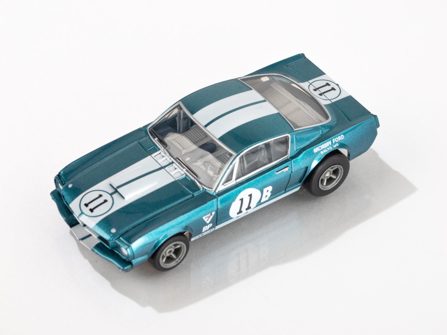 AFX Racomg 1965 Shelby Mustang GT350R 1:64 Scale Slot Car in Donohue Blue with White Stripes