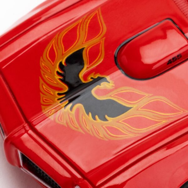 Firebird Closeup view of the red AFX 1973 Firebird Trans Am slot car 