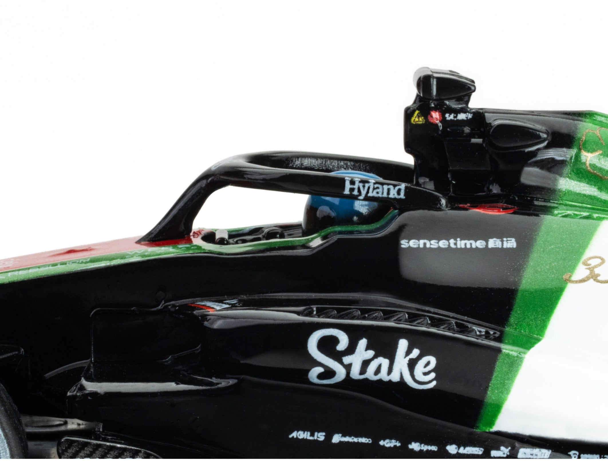 Detailed closeup of the cockpit and Valtteri Bottas driver figure in the 2023 Alfa Romeo F1 slot car.