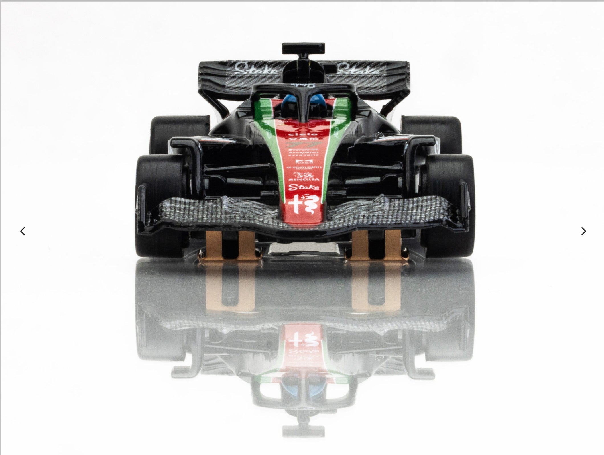 Front view of AFX 2023 Alfa Romeo F1 Monza car showing aero detailing