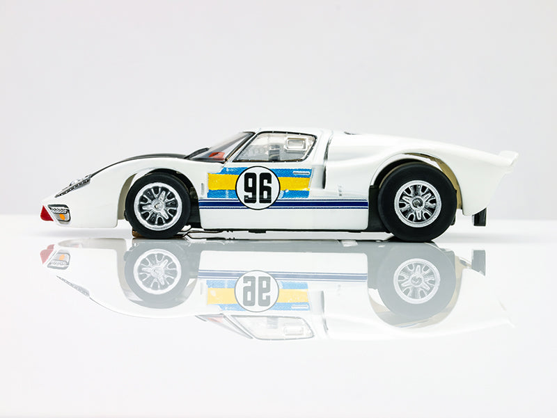 Left side view of AFX Ford GT40 MKII showing #96 racing number and blue body accent stripes. 
