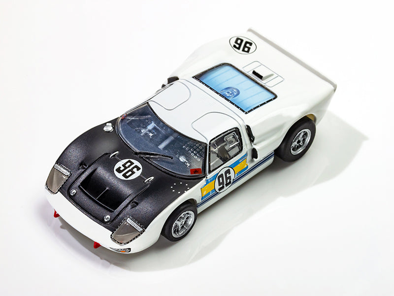 Top-down view of AFX Ford GT40 MKII Daytona #96 showing clear rear engine bay window and cockpit interior. 