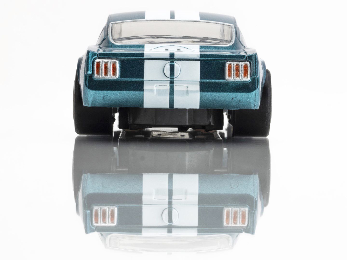 Rear View of AFX Racing GT350R HO slot car showing authentic racing stripes and period-accurate wheels.