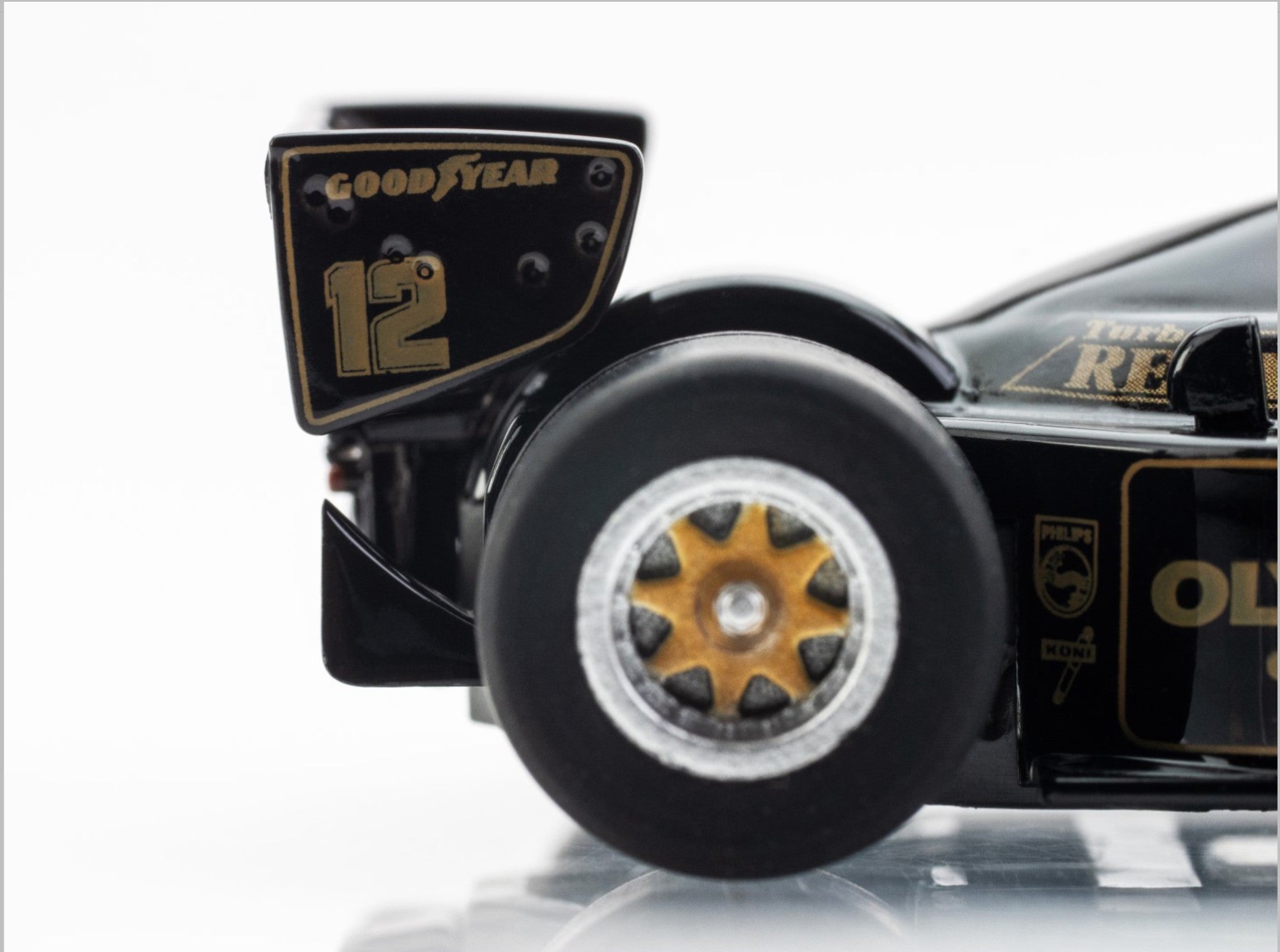 Close-up of the rear wing of the AFX Lotus 97T featuring Goodyear logo