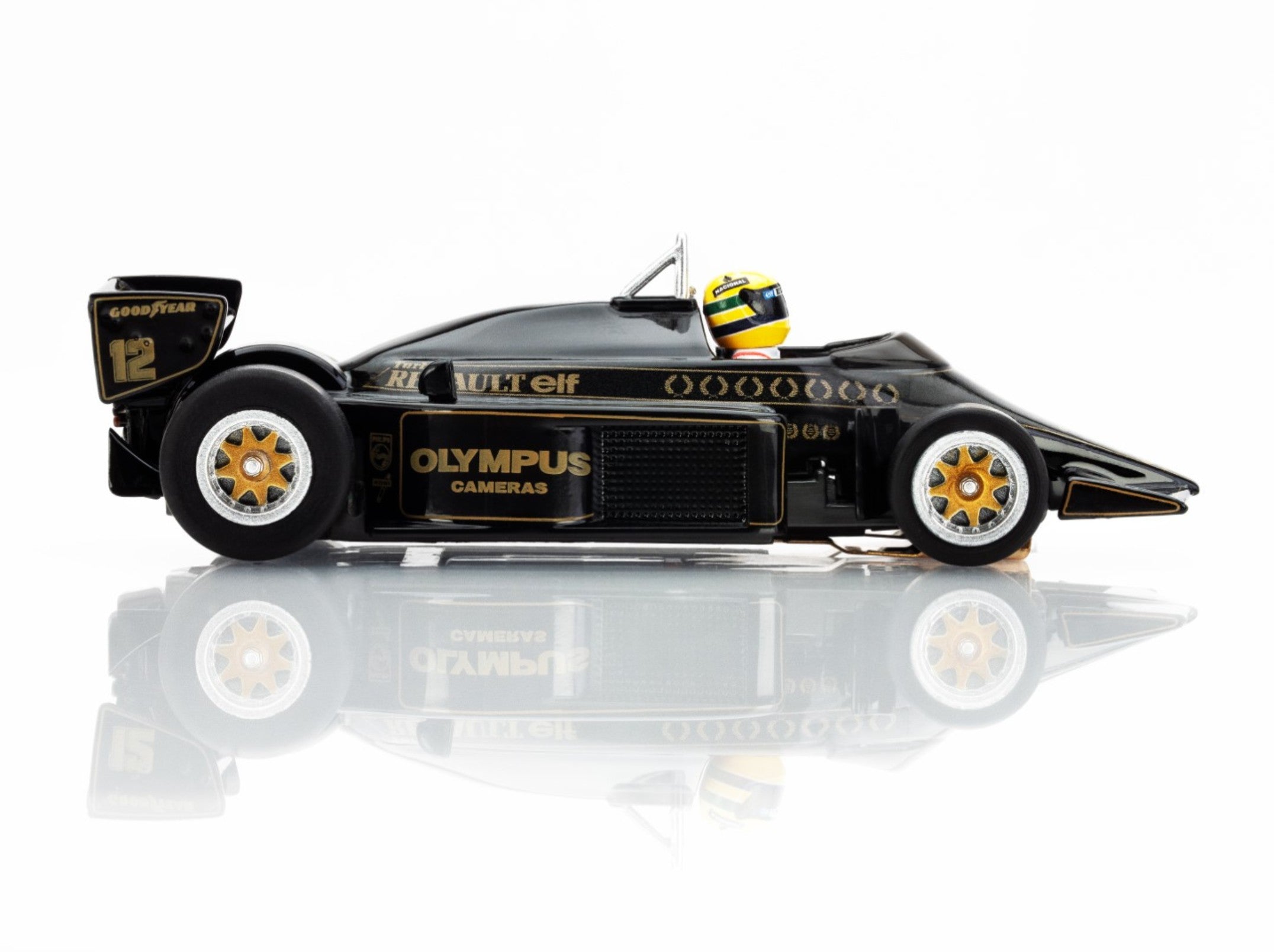 Right Side profile of the AFX Lotus 97T black and gold F1 car highlighting the Mega G+ long wheelbase chassis.