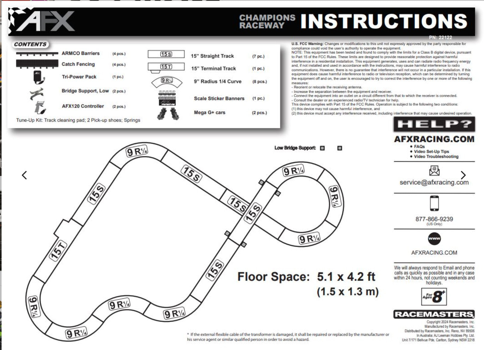 AFX Champions Raceway instruction sheet listing track components and 5.1 by 4.2 foot layout plan.