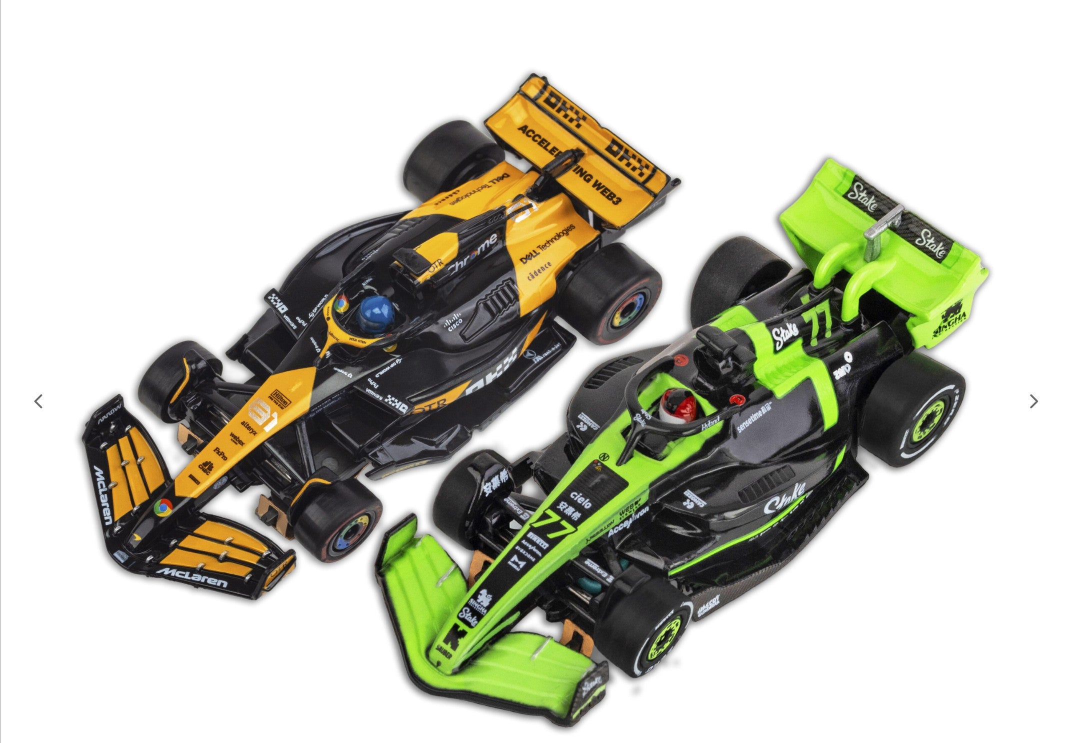 2024 McLaren MCL38 and Sauber C44 HO scale slot cars on the Mega G+ chassis for AFX racing.
