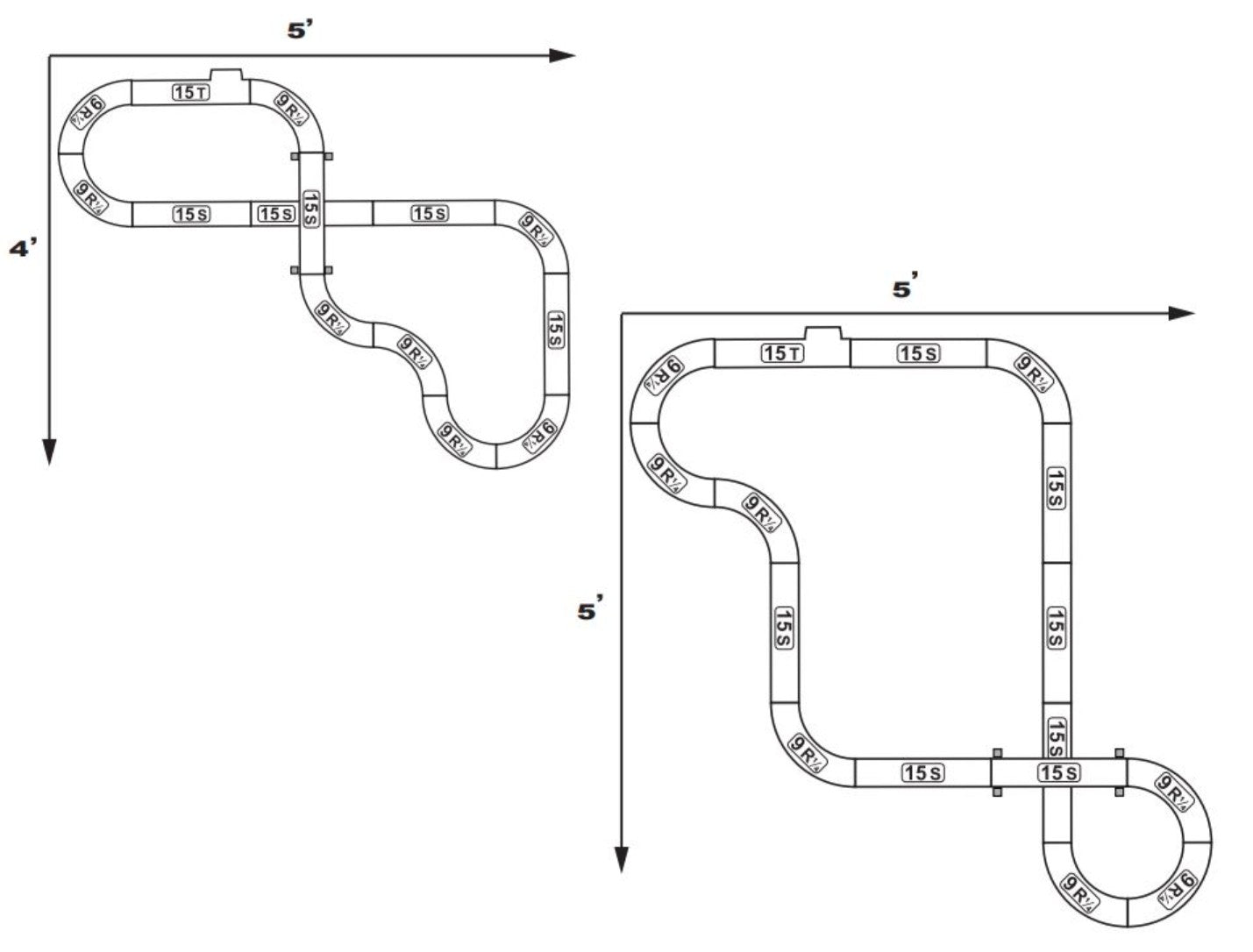 Two distinct track layout designs for the AFX Champions Raceway 6-in-1 slot car race system.
